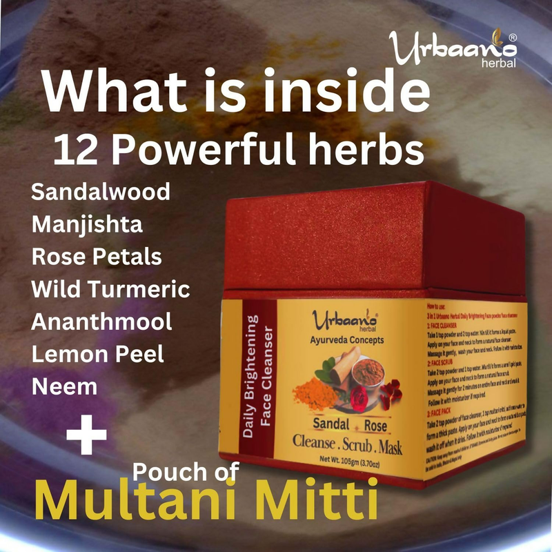 Urbaano Herbal Ayurveda Concepts Face Brightening Cleanser, Scrub, Mask 3-in-1 Instant Glow