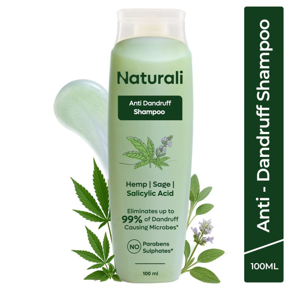 Green bottle of Naturali Anti Dandruff Shampoo with plant illustrations on a white background