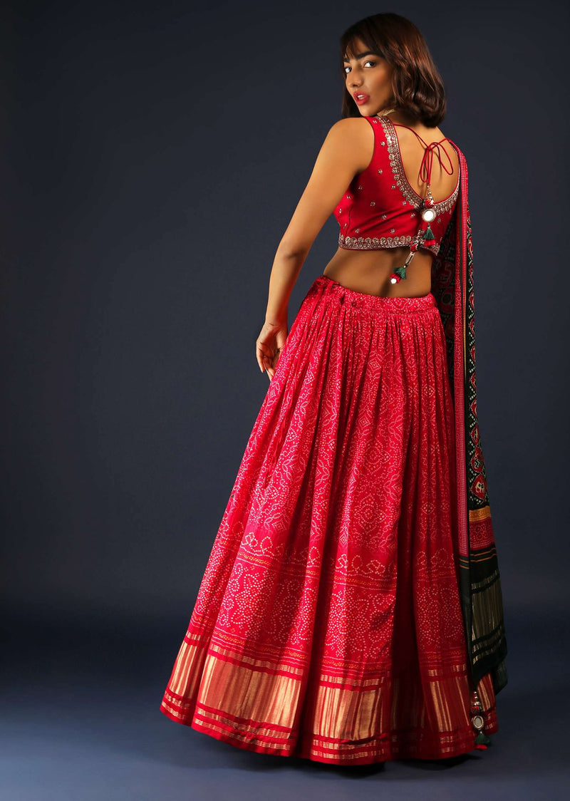 Apple Red Lehenga In Bandhani Printed Satin With Zardosi Embroidered Choli And Patola Dupatta