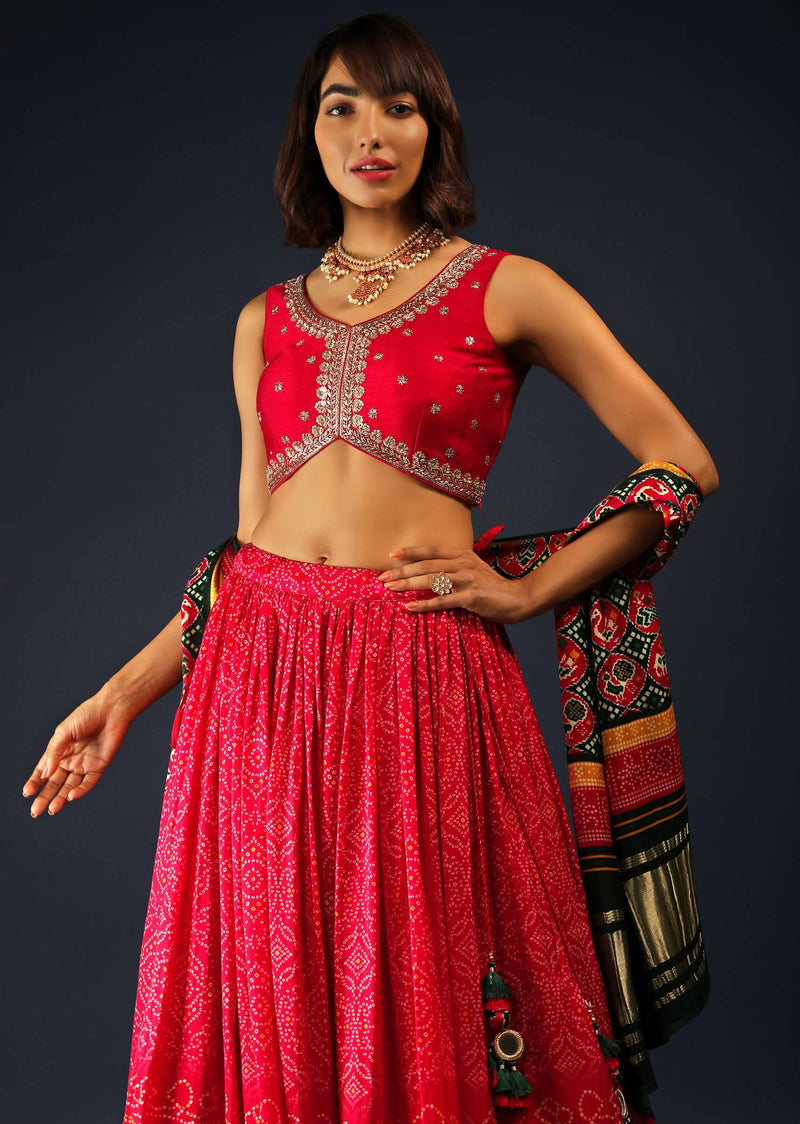 Apple Red Lehenga In Bandhani Printed Satin With Zardosi Embroidered Choli And Patola Dupatta