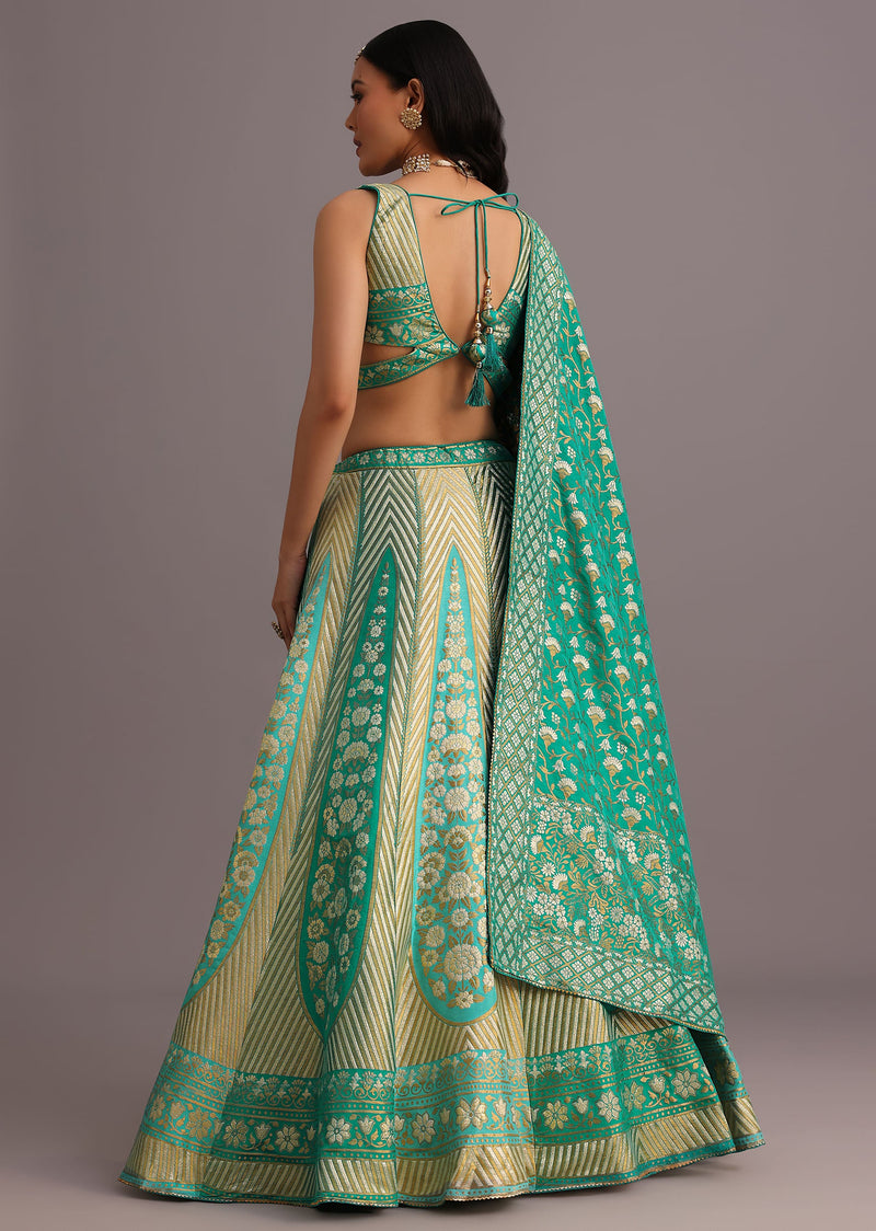 Aqua Green Embroidered Choli With Banarasi Weave Lehenga And Dupatta