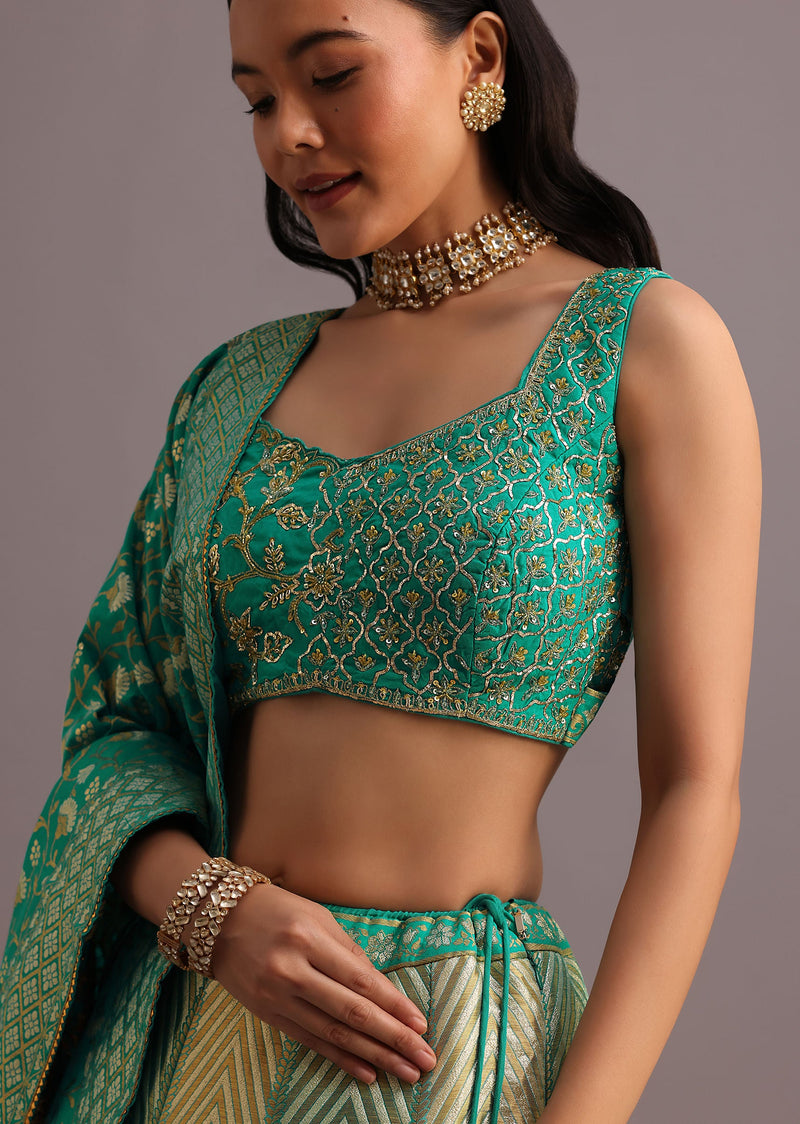 Aqua Green Embroidered Choli With Banarasi Weave Lehenga And Dupatta