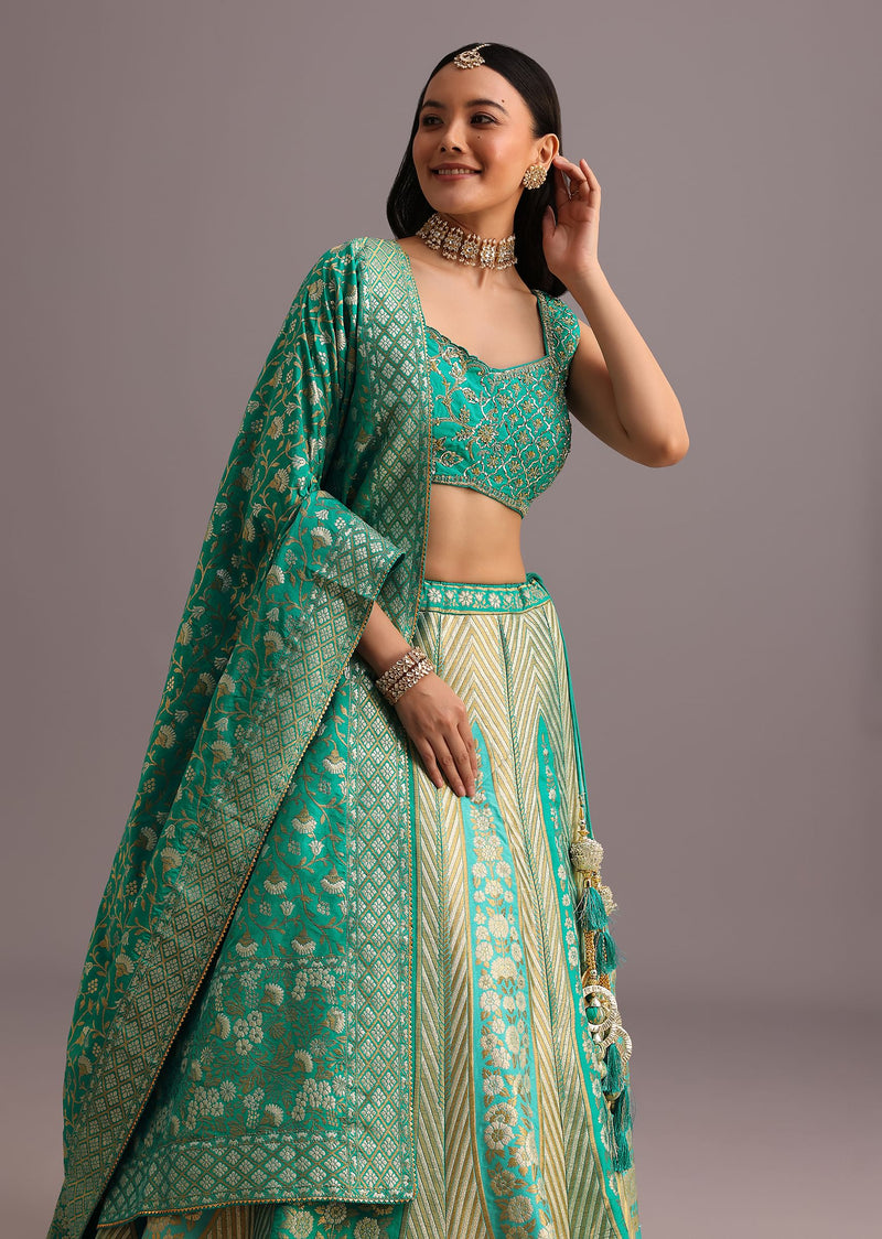 Aqua Green Embroidered Choli With Banarasi Weave Lehenga And Dupatta
