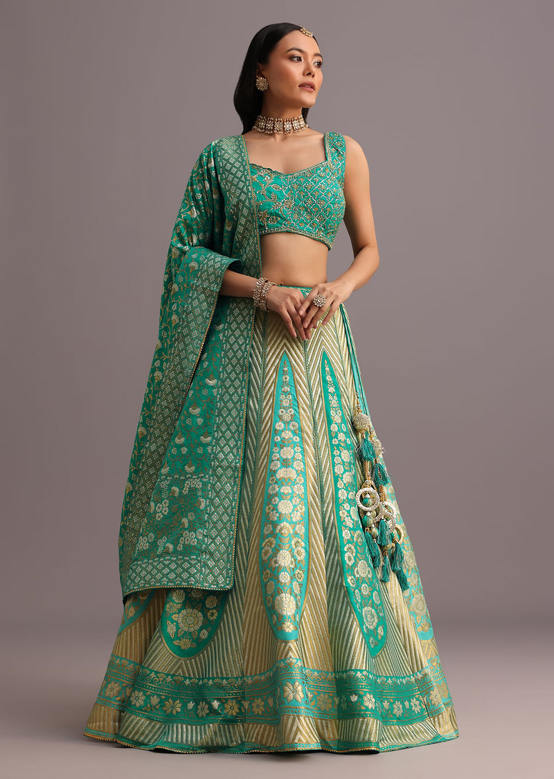 Aqua Green Embroidered Choli With Banarasi Weave Lehenga And Dupatta
