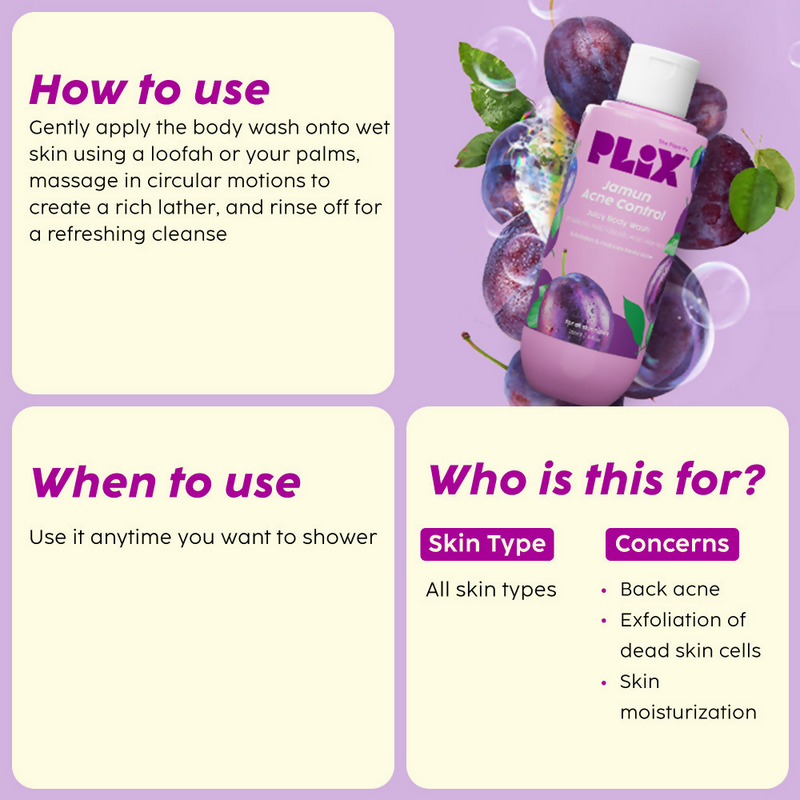 PLIX The Plant Fix Jamun Skincare With Cleanser, Body Wash & Active Acne Serum For Women & Men