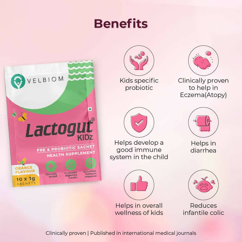 Velbiom Lactogut Kidz Probiotics Powder Sachets - Orange Flavor