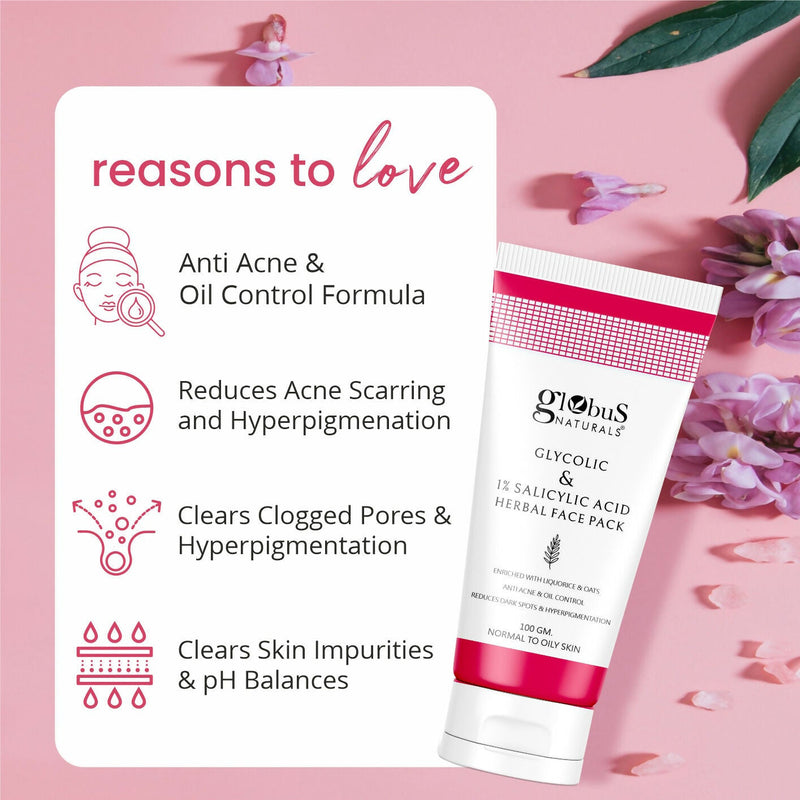 Globus Naturals Anti Acne Glycolic & 1 % Salicylic Acid Face Pack, For Acne Prone & Oily Skin