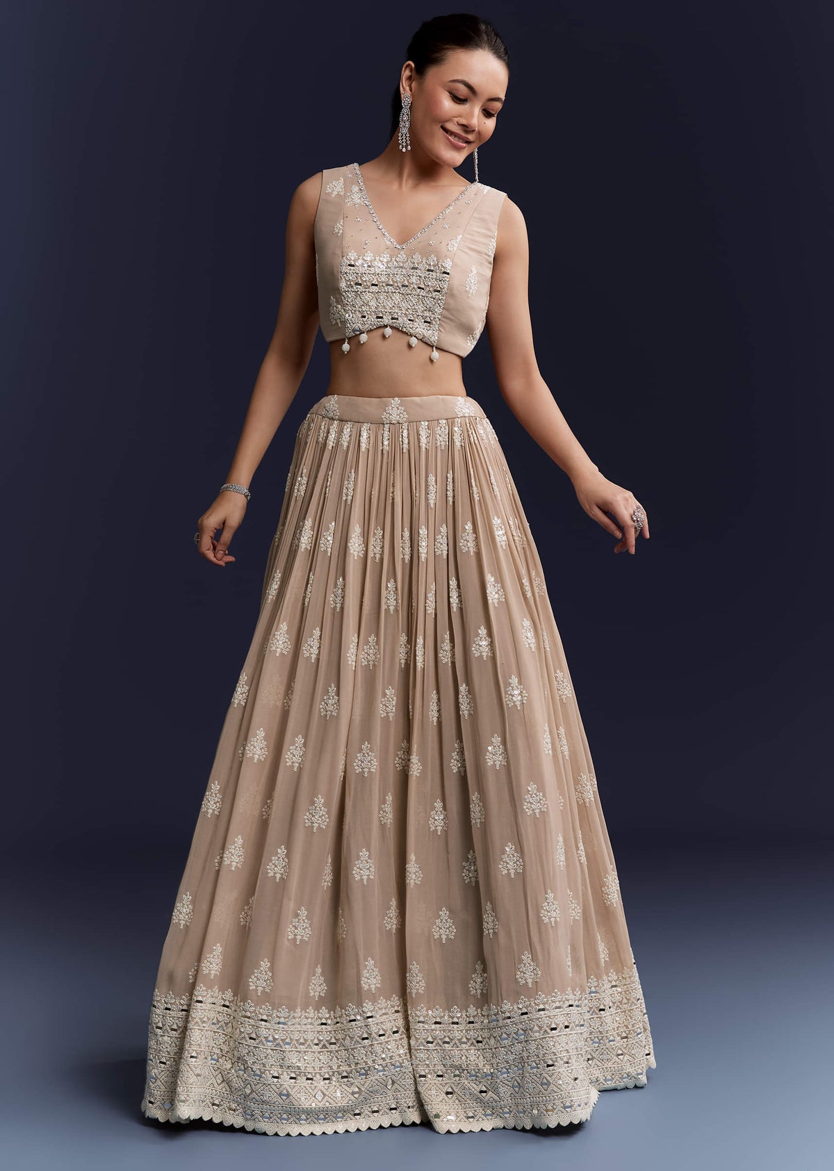 Beige Georgette Bridesmaid Lehenga With Thread And Sequins Work