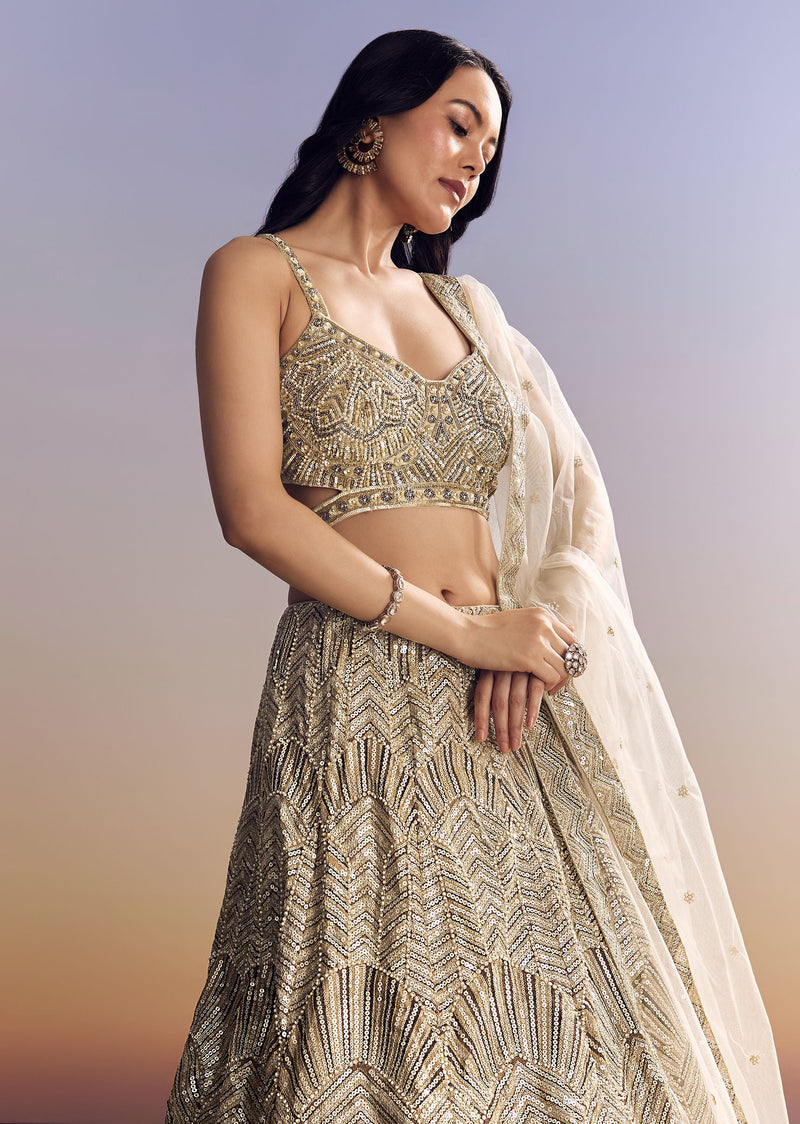 Beige Lehenga Set With Sequins Cut Dana Work