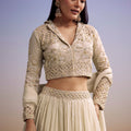 Beige Organza Lehenga Set With Embroidered Choli And Dupatta