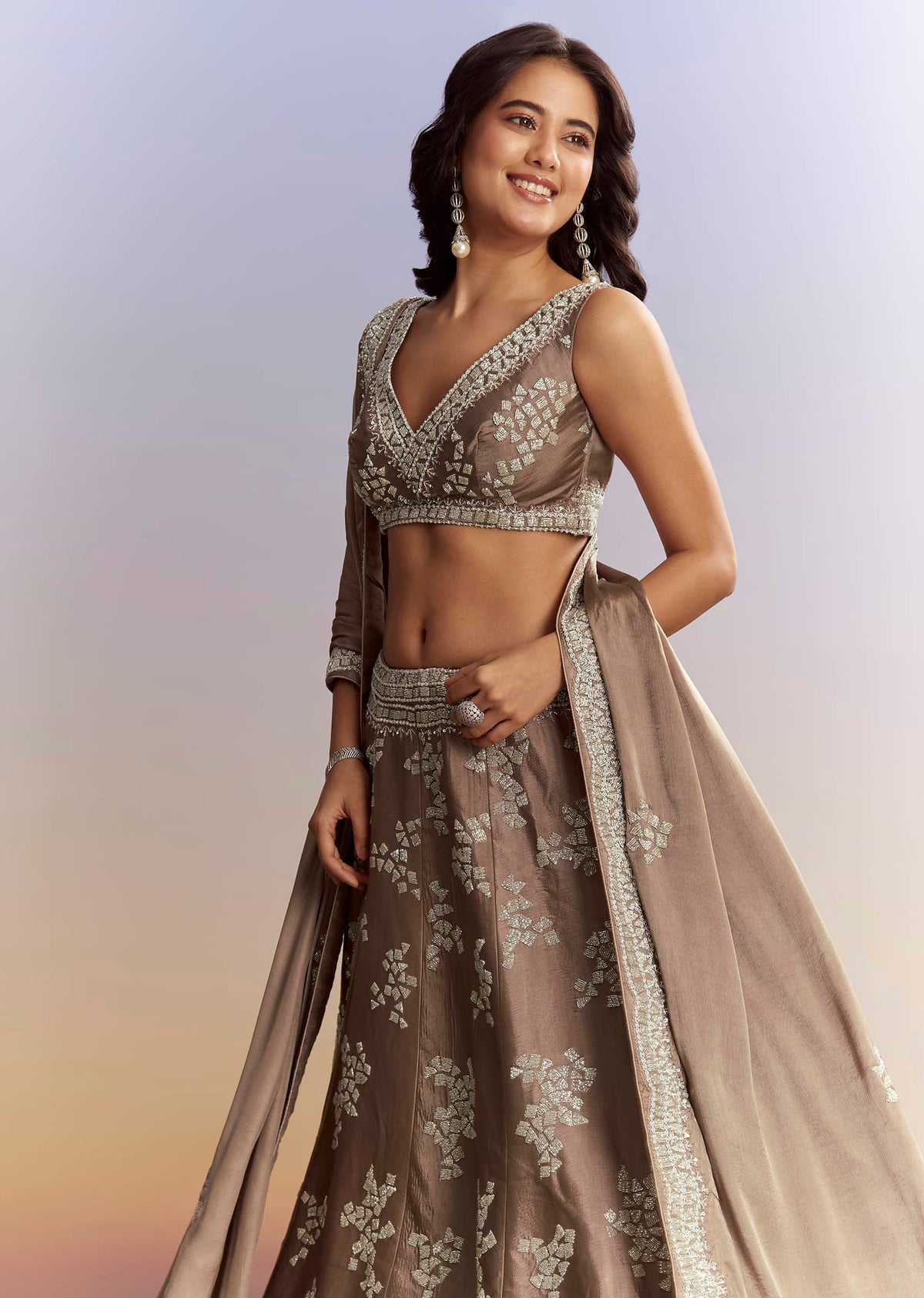 Beige Satin Bridesmaid Lehenga With Heavy Embroidery