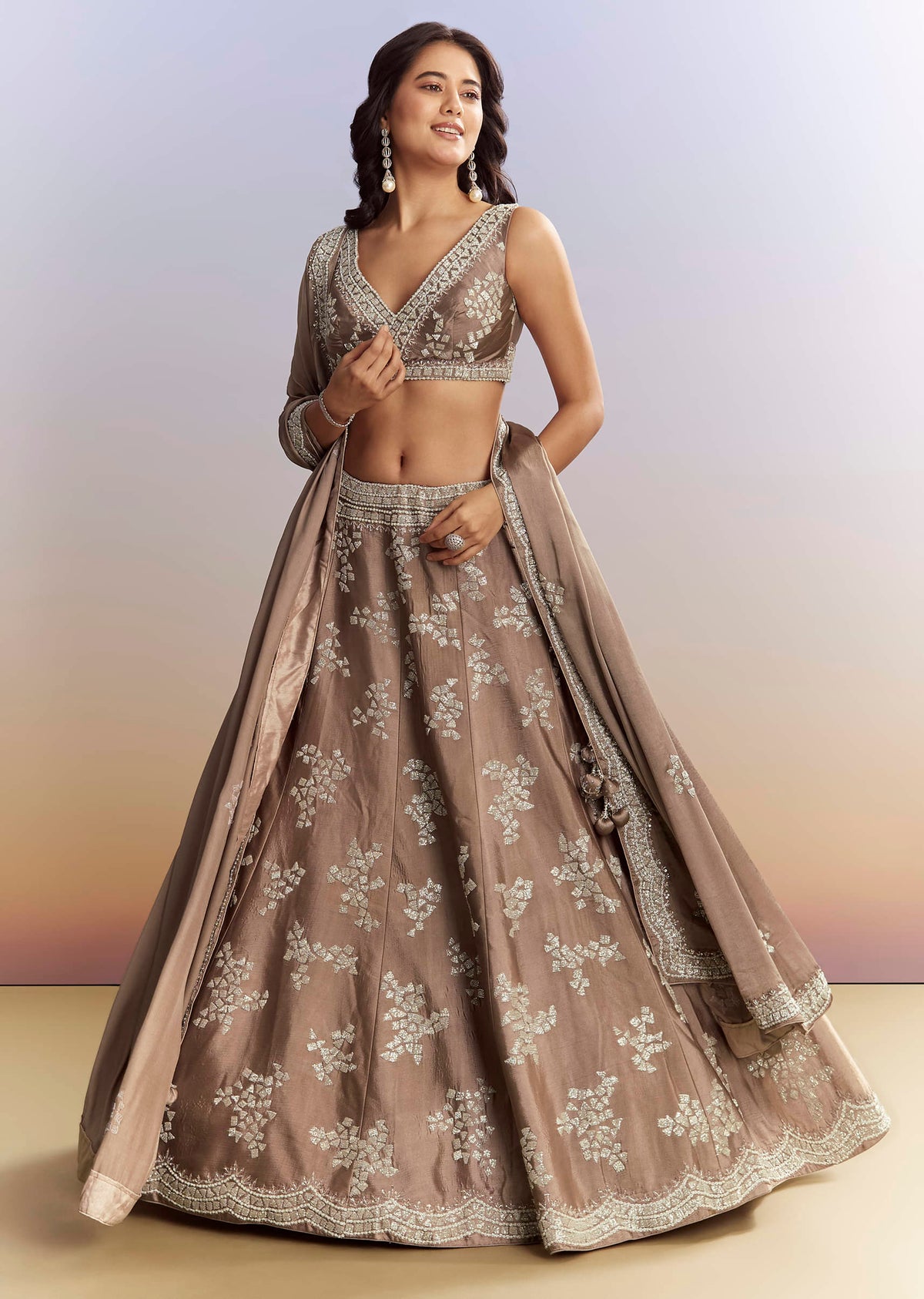 Beige Satin Bridesmaid Lehenga With Heavy Embroidery