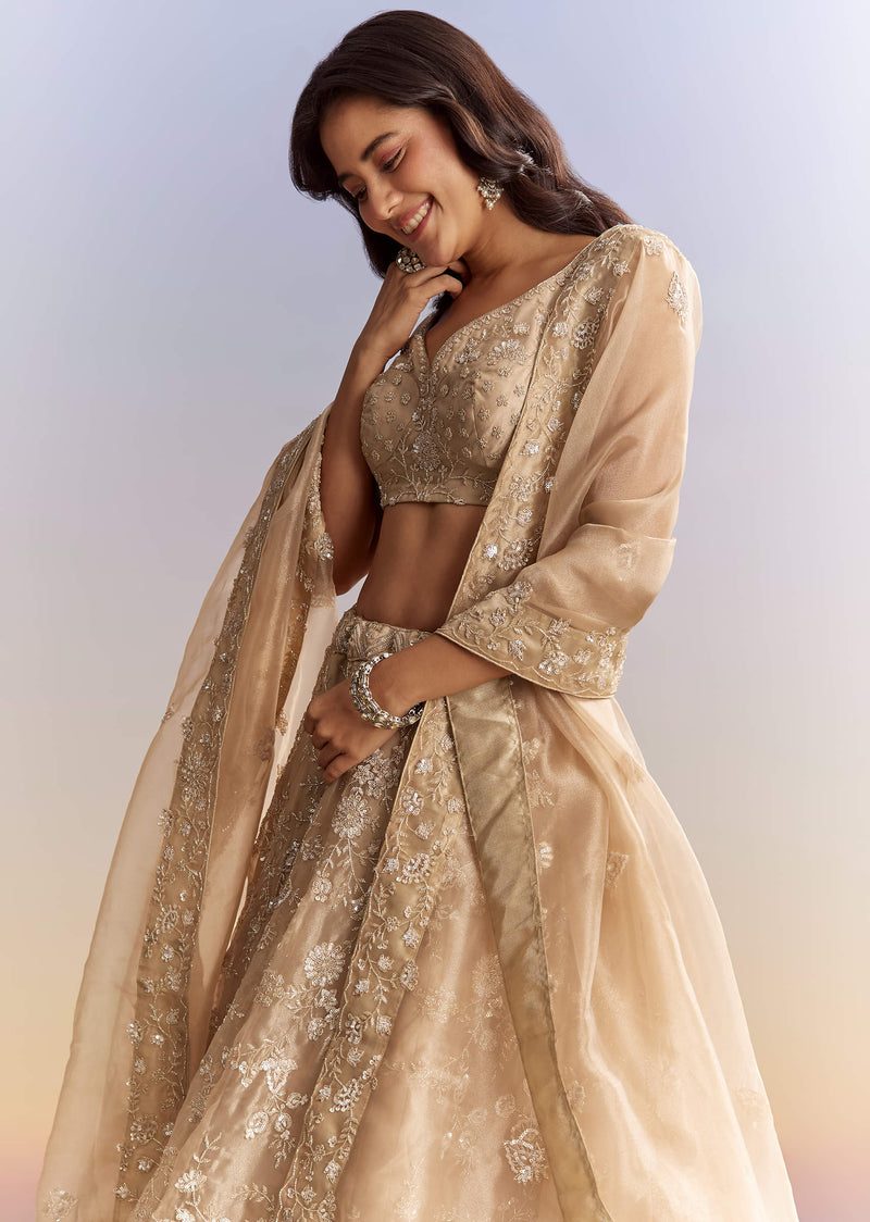 Beige Tissue Bridesmaid Lehenga With Heavy Embroidery