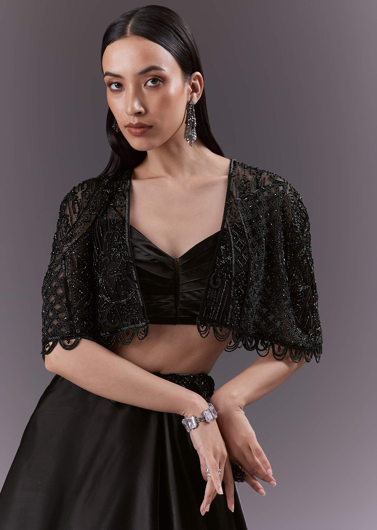 Black Organza Bridesmaid Lehenga With Cutdana And Beads Work