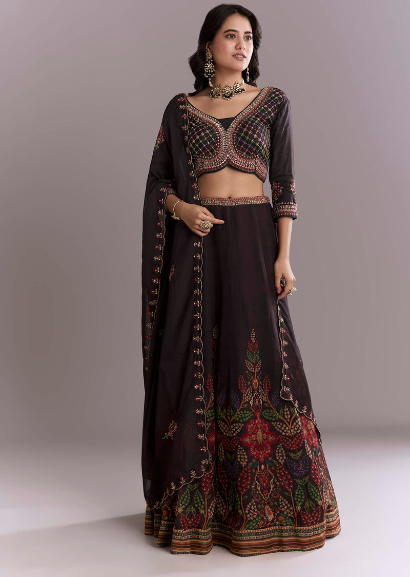 Black Organza Printed Bridesmaid Lehenga With Intricate Hand Embroidery
