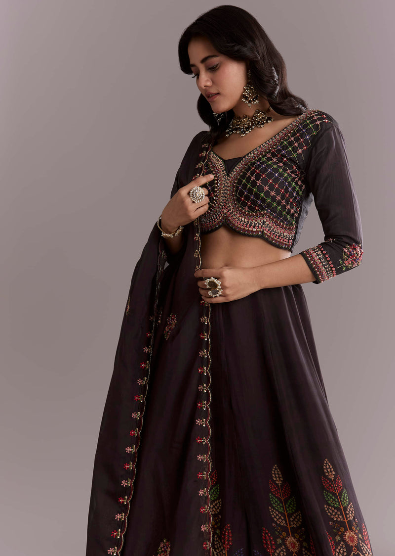 Black Organza Printed Bridesmaid Lehenga With Intricate Hand Embroidery