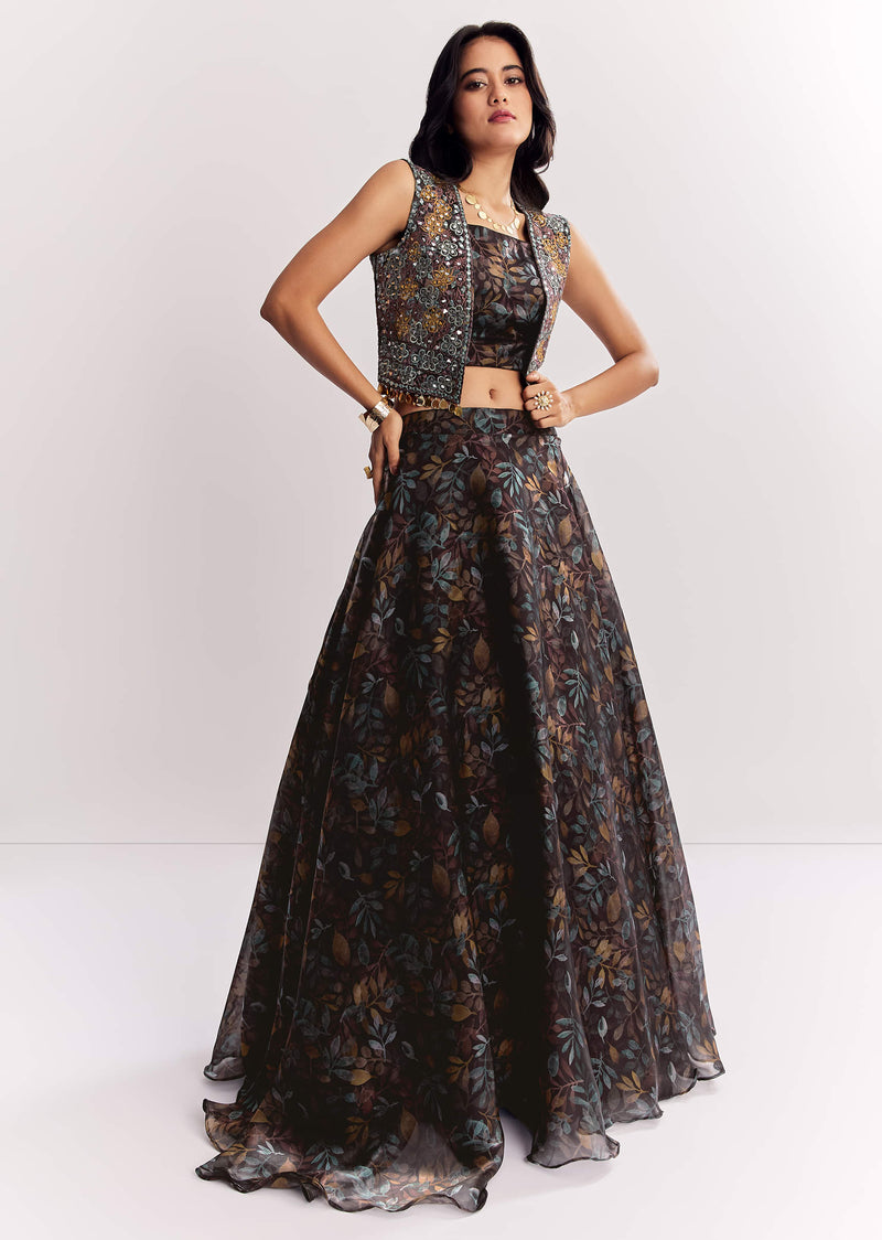 Black Printed Lehenga Choli With Mirror Work Jacket In Organza Tissue