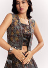 Black Printed Lehenga Choli With Mirror Work Jacket In Organza Tissue