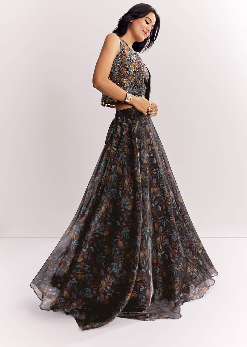 Black Printed Lehenga Choli With Mirror Work Jacket In Organza Tissue