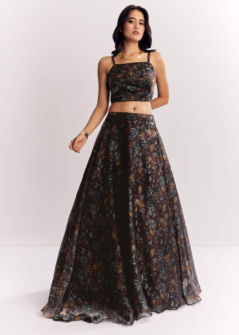 Black Printed Lehenga Choli With Mirror Work Jacket In Organza Tissue