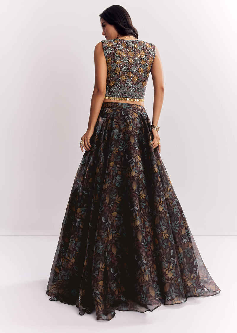 Black Printed Lehenga Choli With Mirror Work Jacket In Organza Tissue