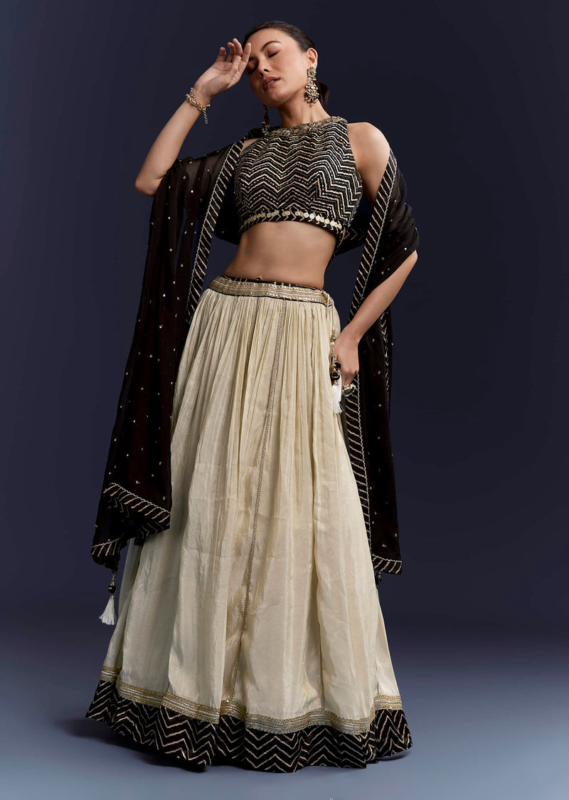 Black Satin Bridesmaid Lehenga With Hand Dyed Chevron Print Choli