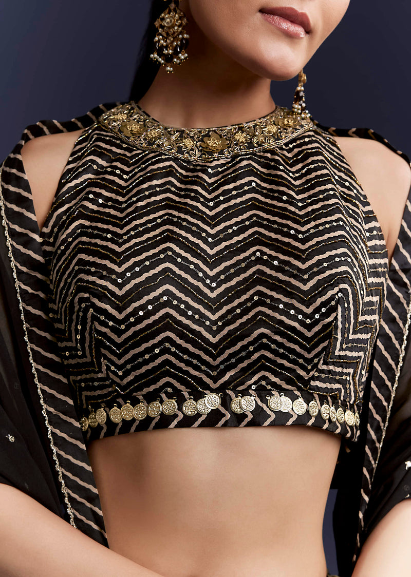 Black Satin Bridesmaid Lehenga With Hand Dyed Chevron Print Choli