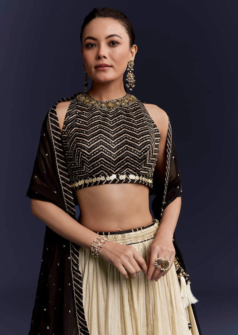 Black Satin Bridesmaid Lehenga With Hand Dyed Chevron Print Choli