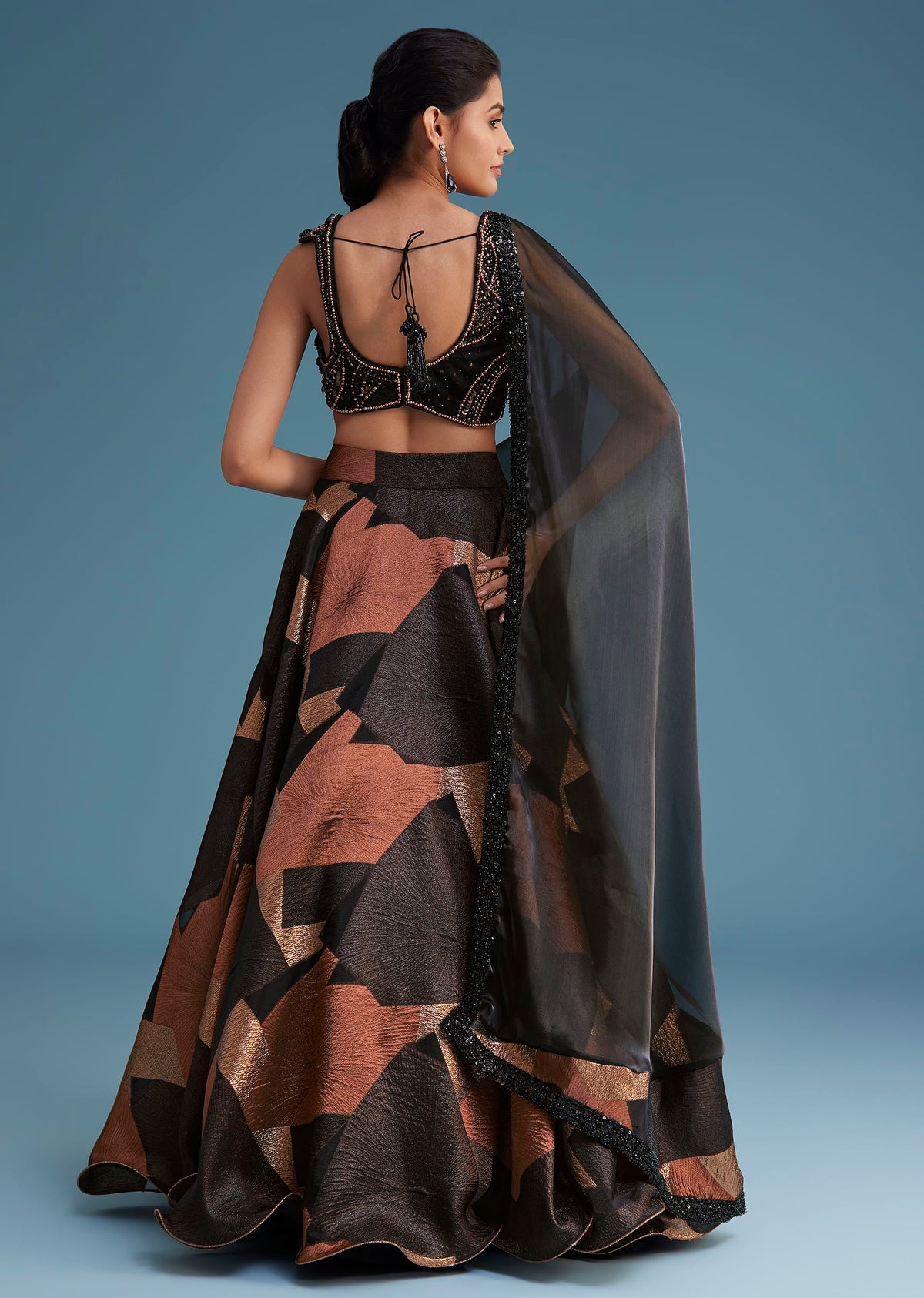 Black And Copper Lurex Glitter Lehenga Set With Fancy Choli