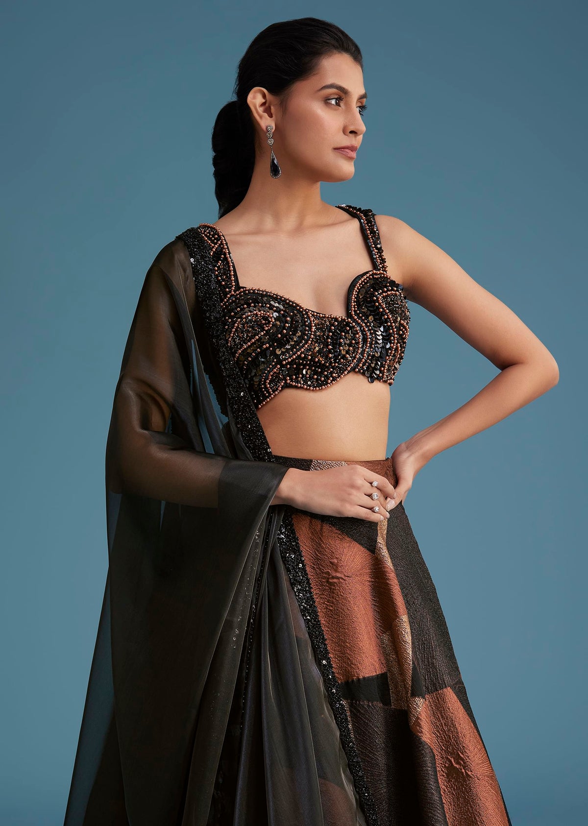 Black And Copper Lurex Glitter Lehenga Set With Fancy Choli