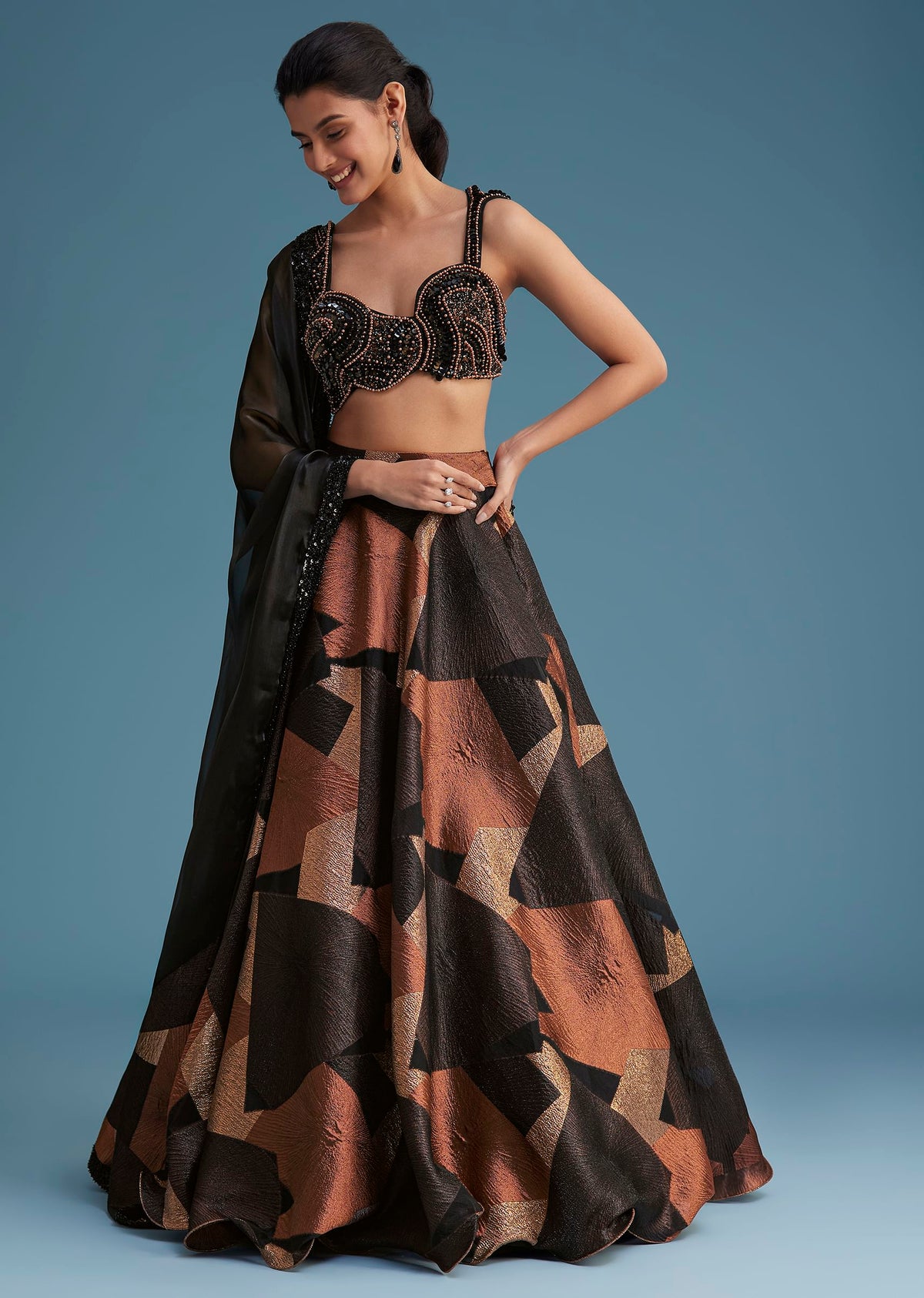 Black And Copper Lurex Glitter Lehenga Set With Fancy Choli