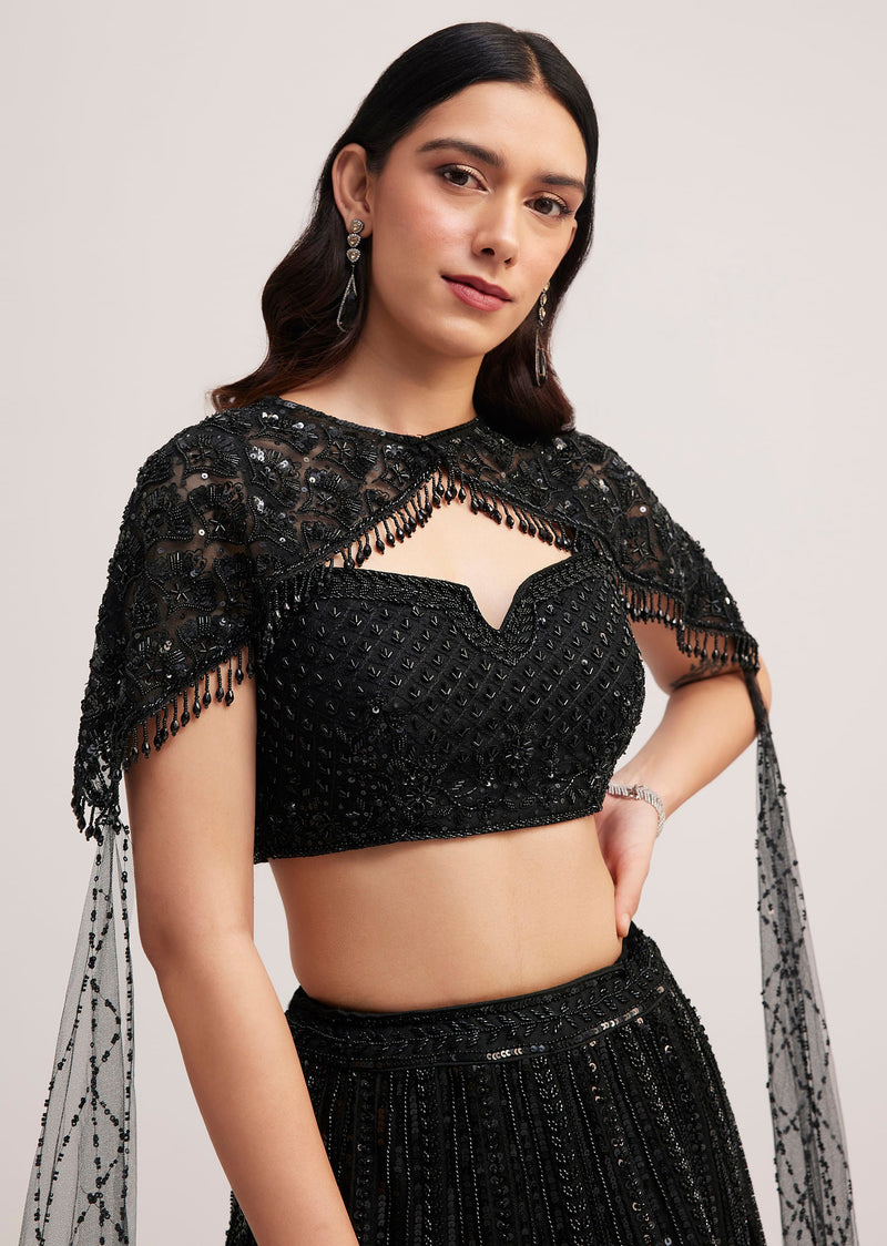 Black Sequin Embellished Lehenga Choli Set With Cape