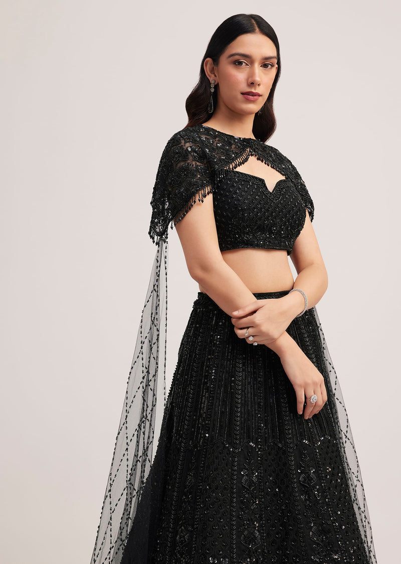 Black Sequin Embellished Lehenga Choli Set With Cape