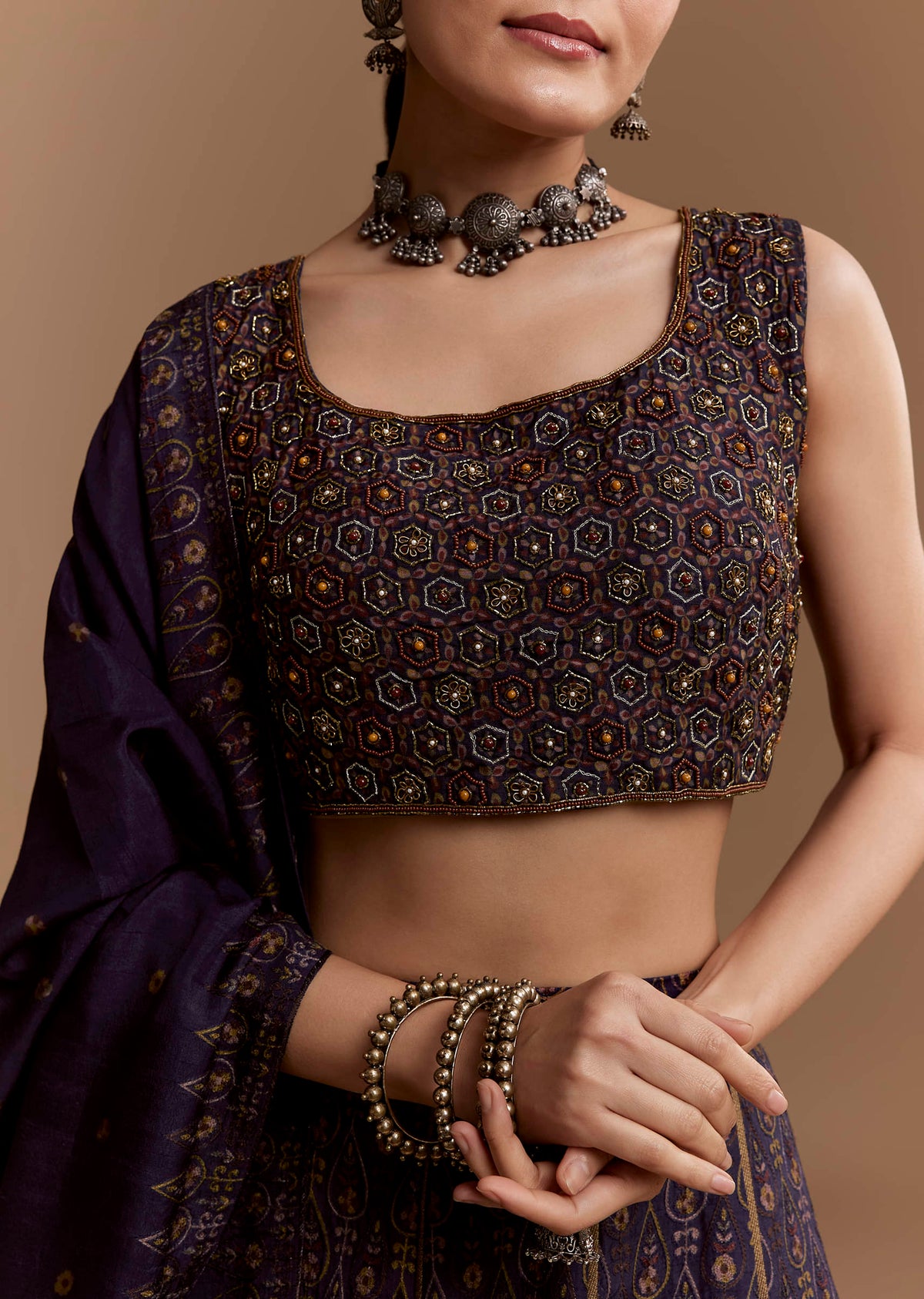 Blue Printed Silk Bridesmaid Lehenga Set with Cutdana Blouse