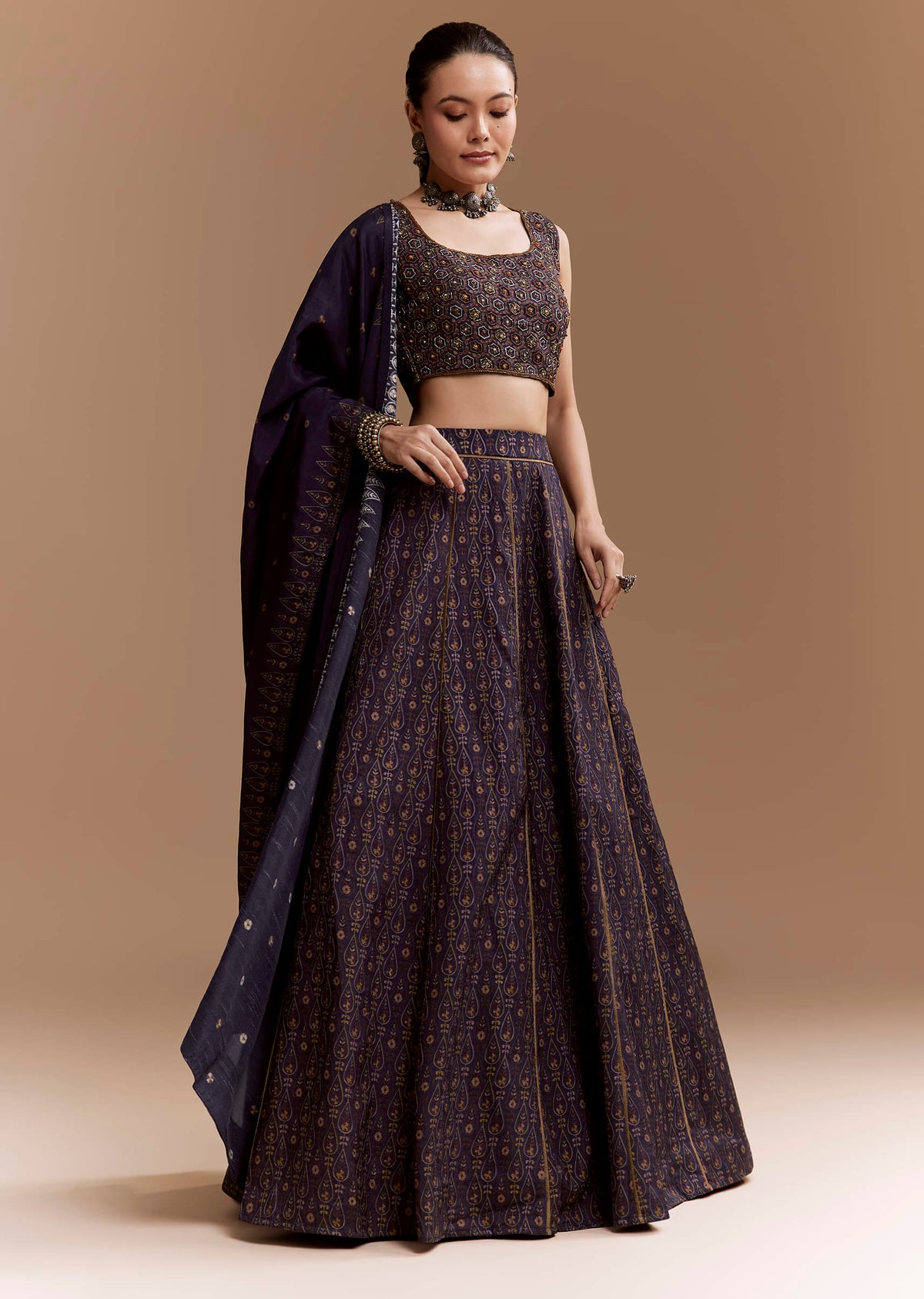 Blue Printed Silk Bridesmaid Lehenga Set with Cutdana Blouse