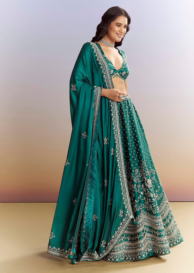 Bottle Green Satin Bridesmaid Lehenga With Heavy Embroidery