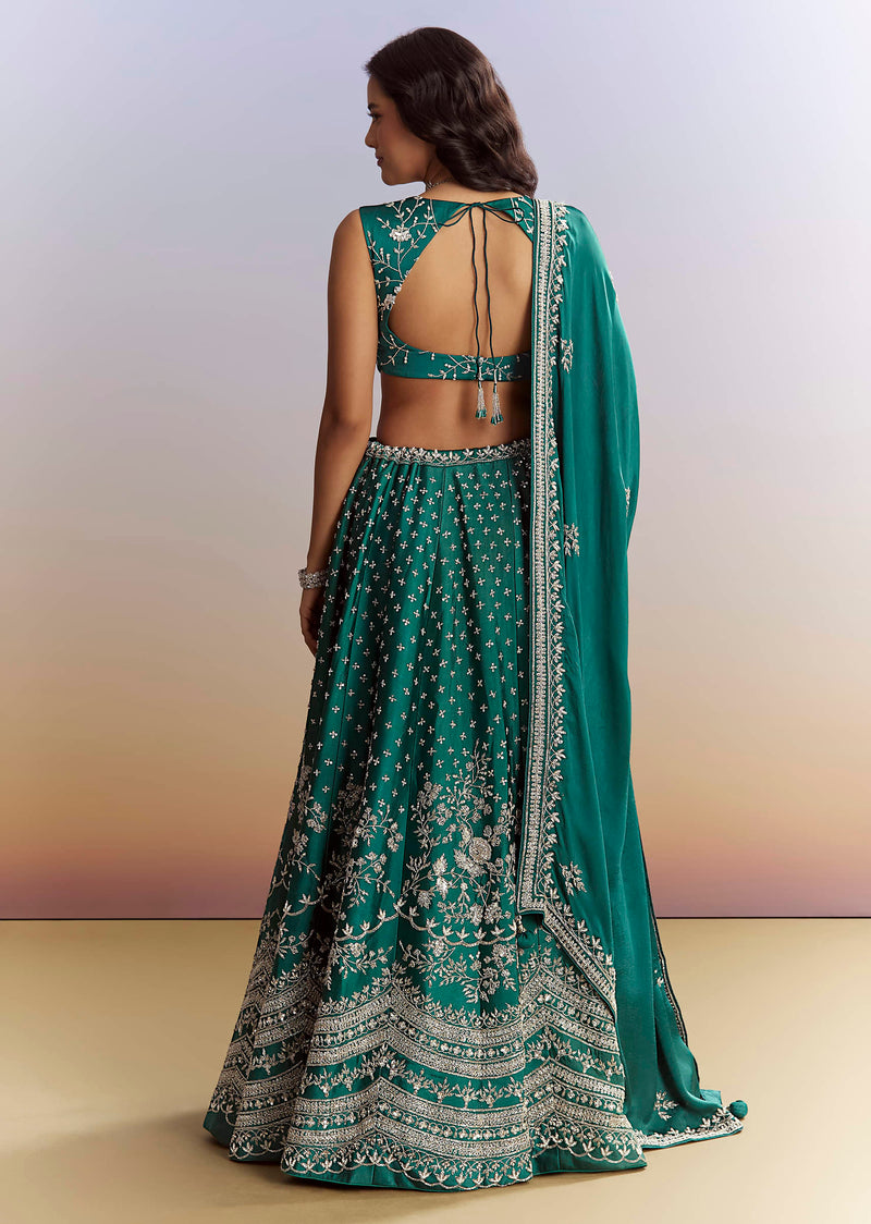 Bottle Green Satin Bridesmaid Lehenga With Heavy Embroidery