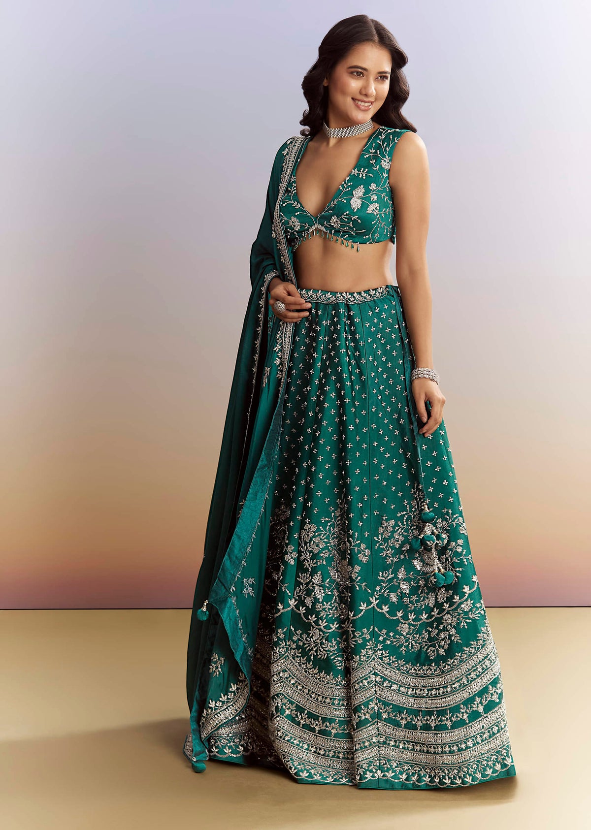 Bottle Green Satin Bridesmaid Lehenga With Heavy Embroidery