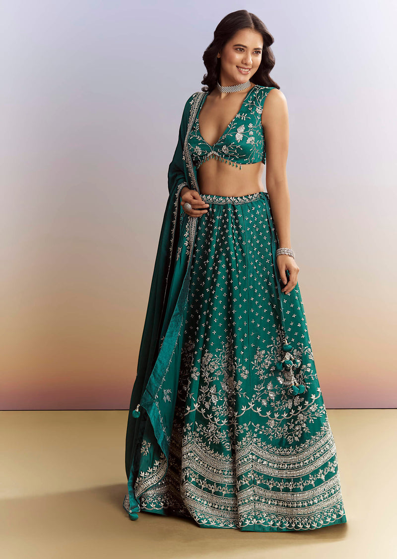 Bottle Green Satin Bridesmaid Lehenga With Heavy Embroidery