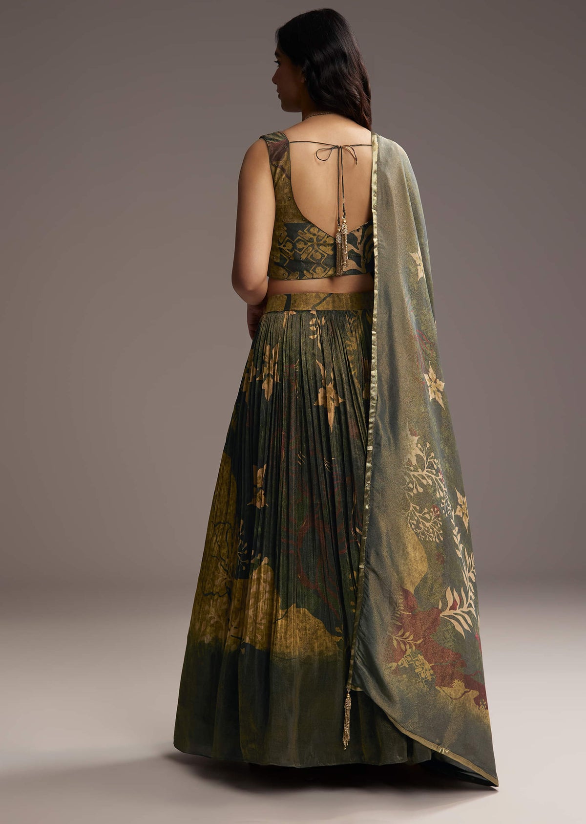 Bottle Green Tissue Lehenga Choli With Floral Print