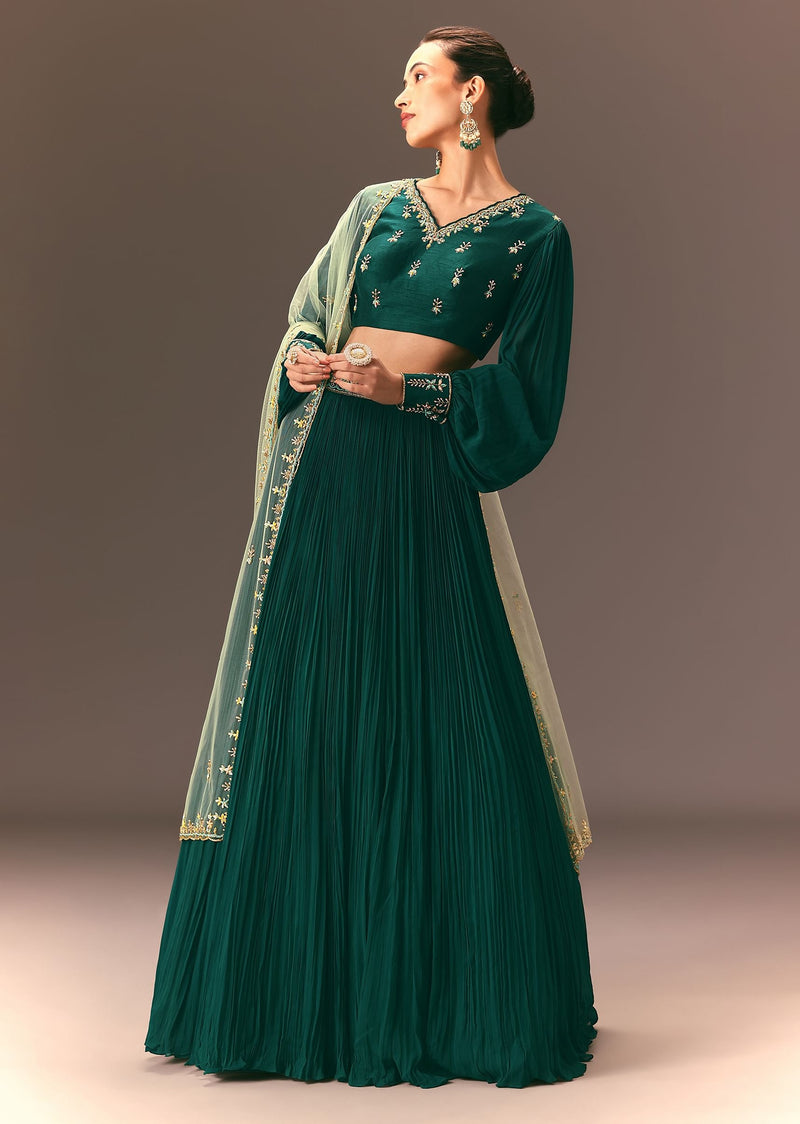 Bottle Green Embellished Ruched Lehenga Set