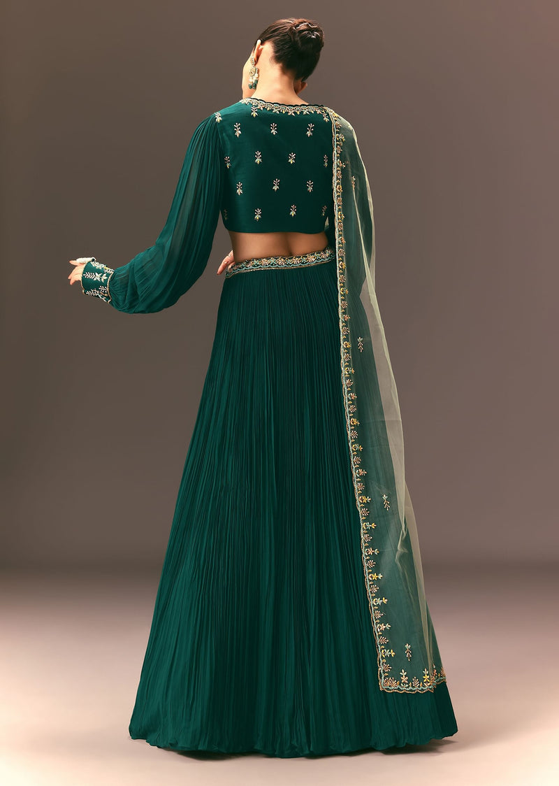 Bottle Green Embellished Ruched Lehenga Set