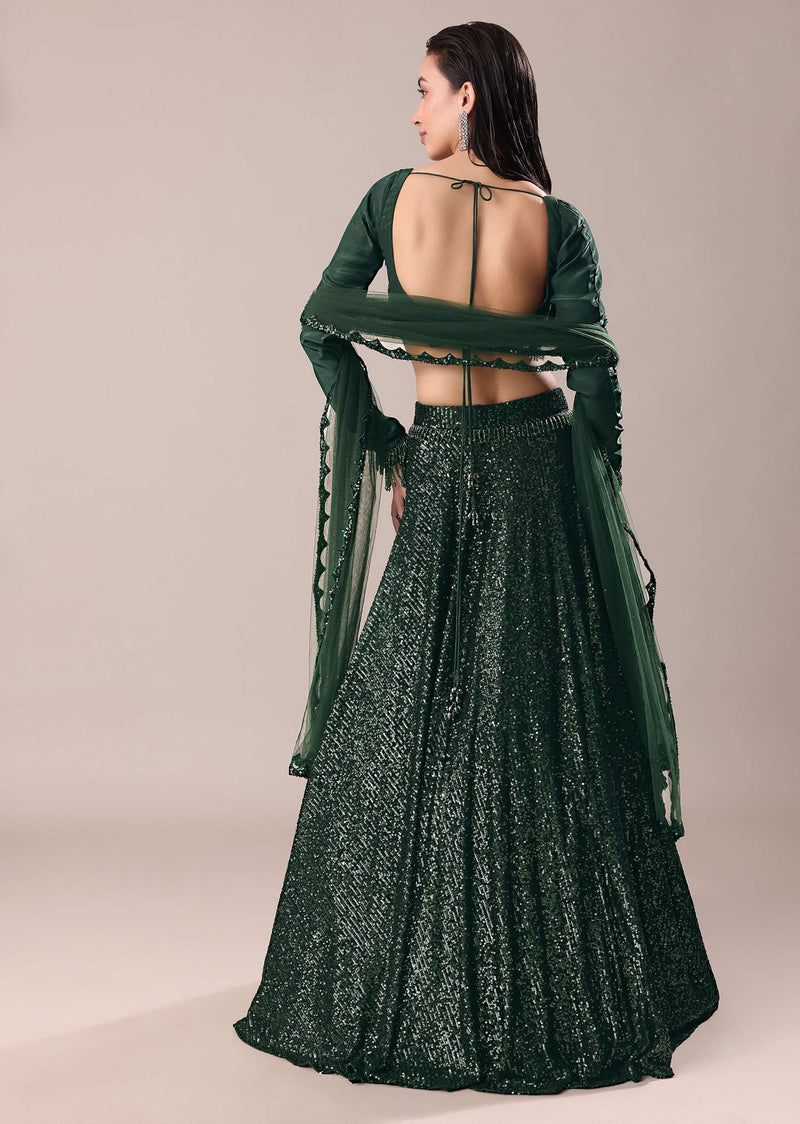 Bottle Green Embroidered Lehenga And Blouse With Dupatta