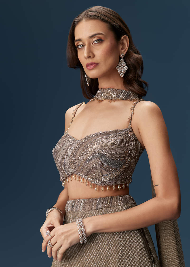 Brown Bridesmaid Lehenga With Choker Net Dupatta And Embellished Blouse