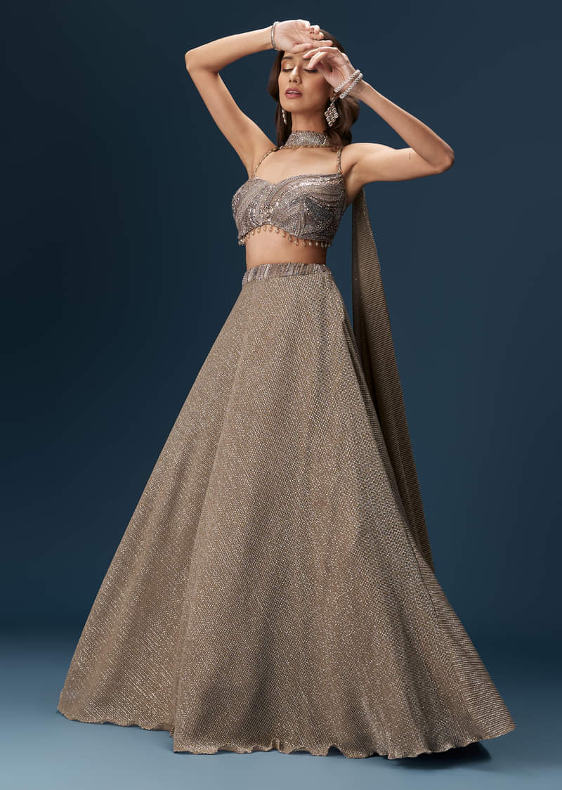 Brown Bridesmaid Lehenga With Choker Net Dupatta And Embellished Blouse