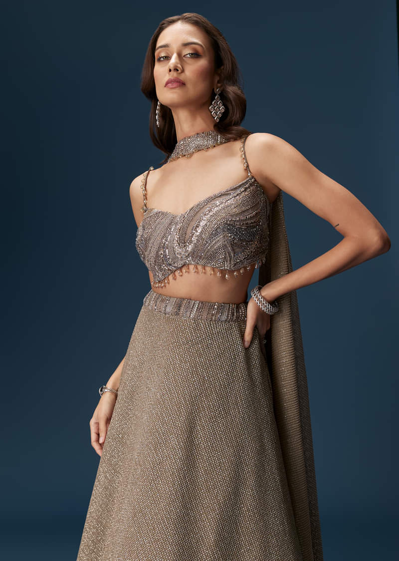 Brown Bridesmaid Lehenga With Choker Net Dupatta And Embellished Blouse