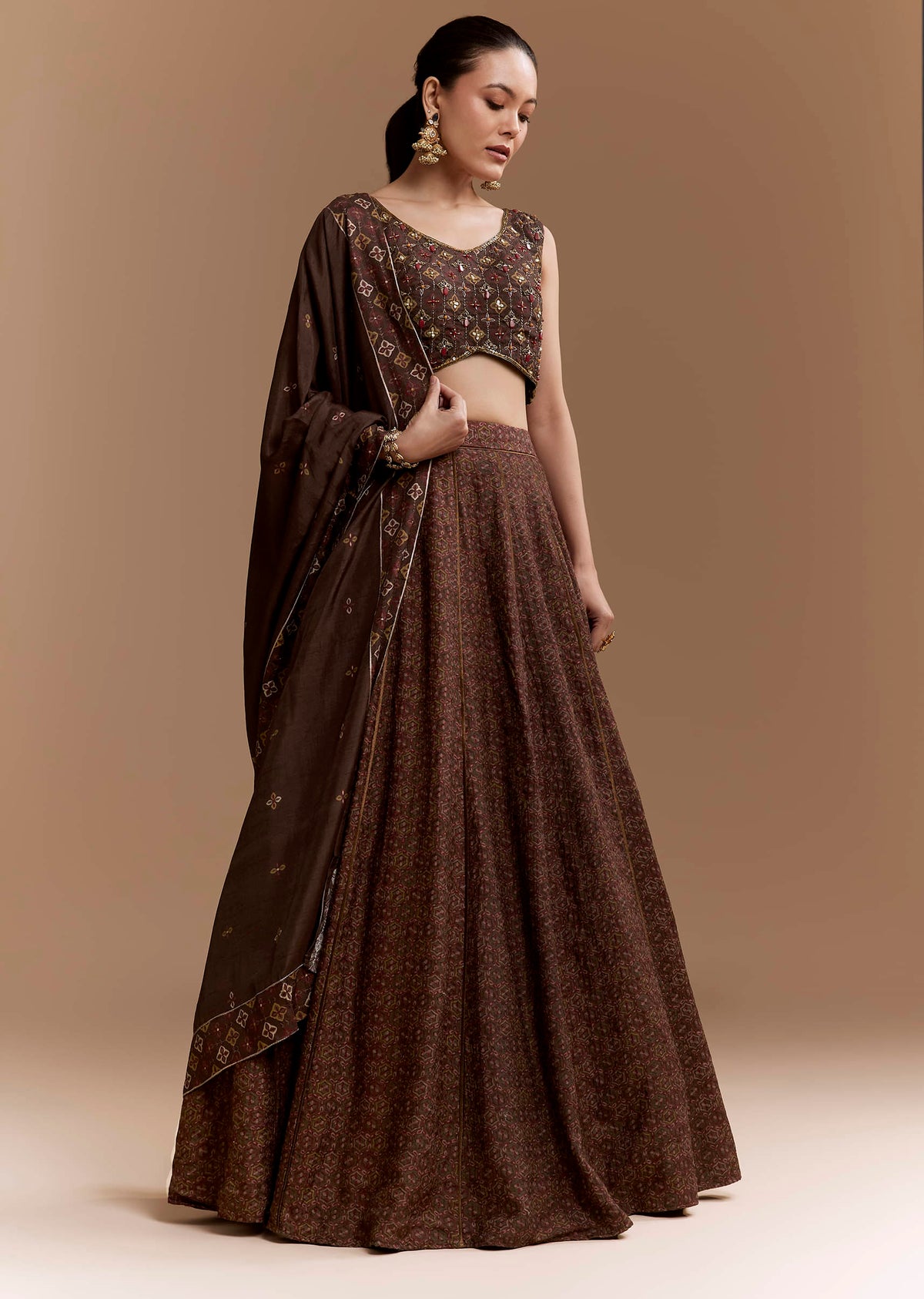 Brown Printed Silk Bridesmaid Lehenga Set with Dupatta
