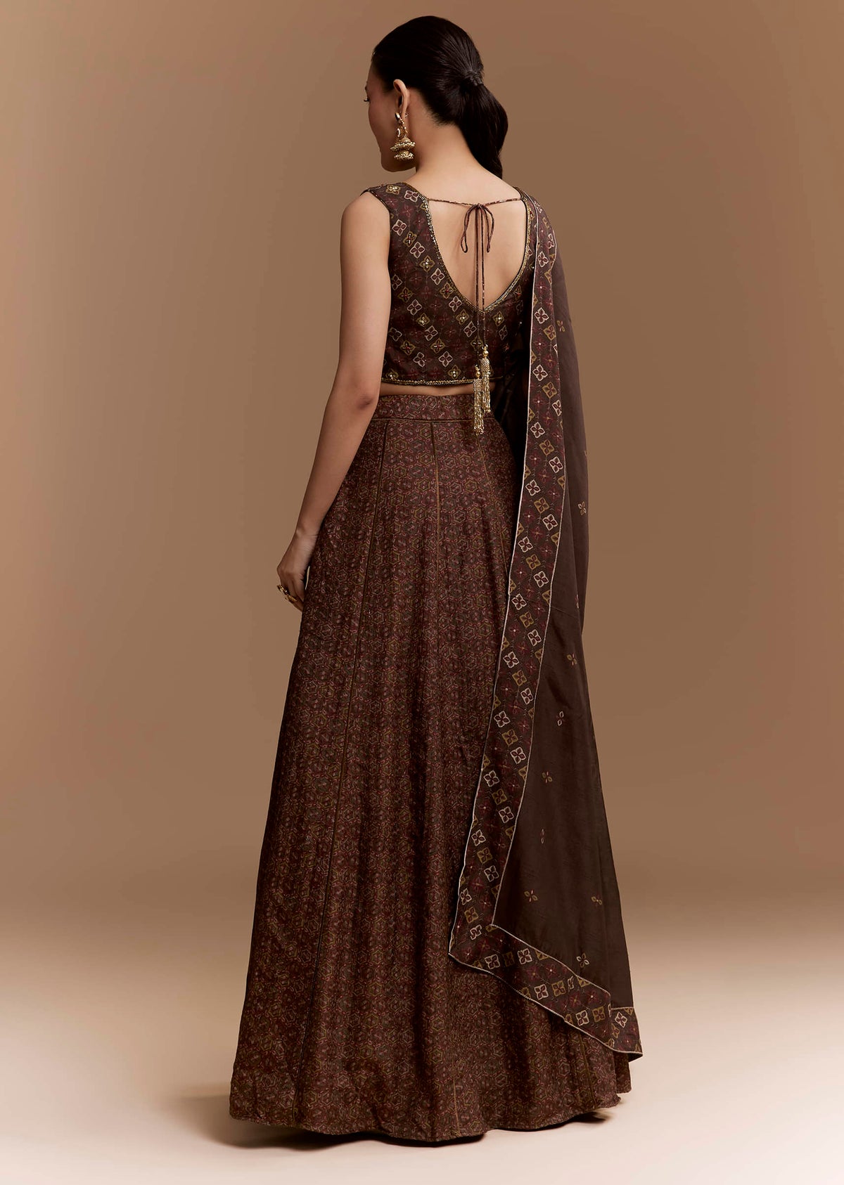 Brown Printed Silk Bridesmaid Lehenga Set with Dupatta