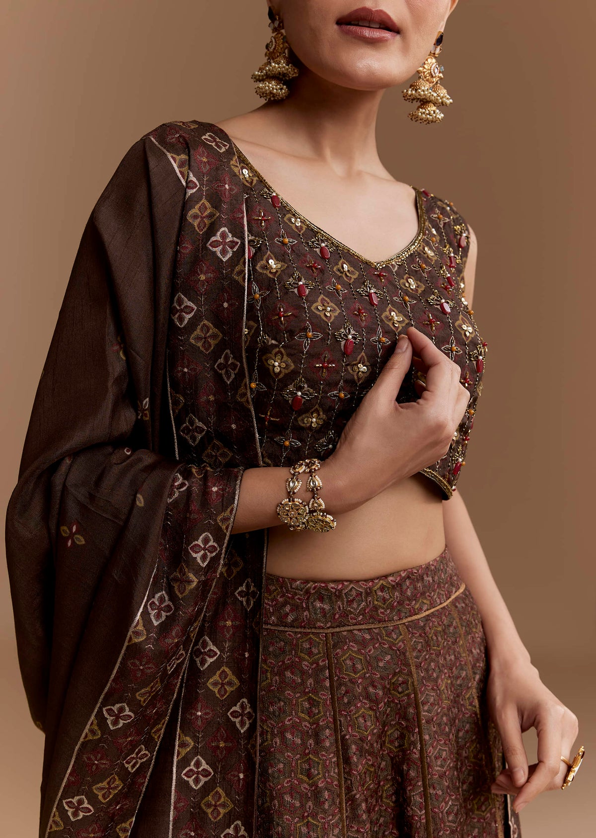 Brown Printed Silk Bridesmaid Lehenga Set with Dupatta