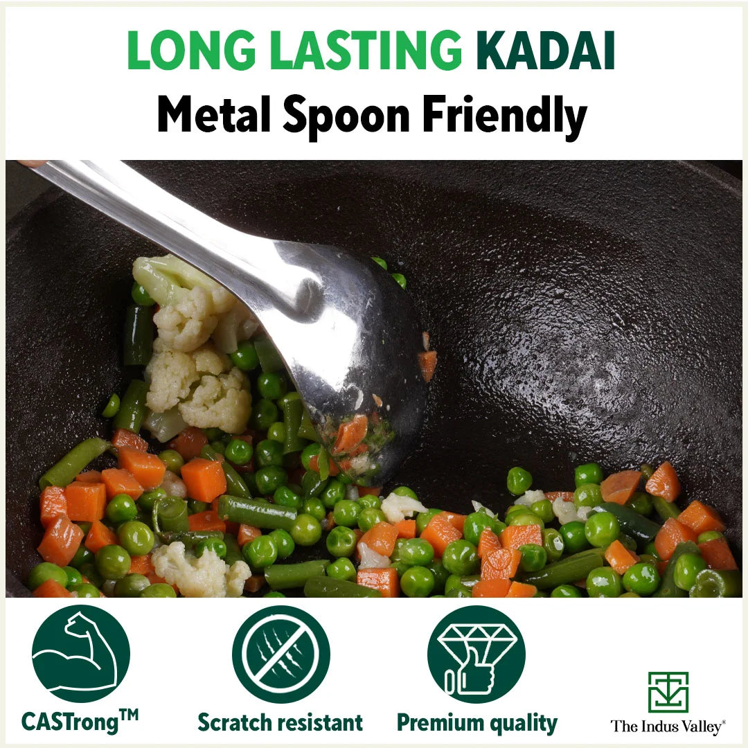 The Indus Valley CASTrong Cast Iron Kadai ,Pre-seasoned, Nonstick, 100% Pure, Toxin-free, Induction, Spatula, 25.4 cm, 2.3L, 2.5kg